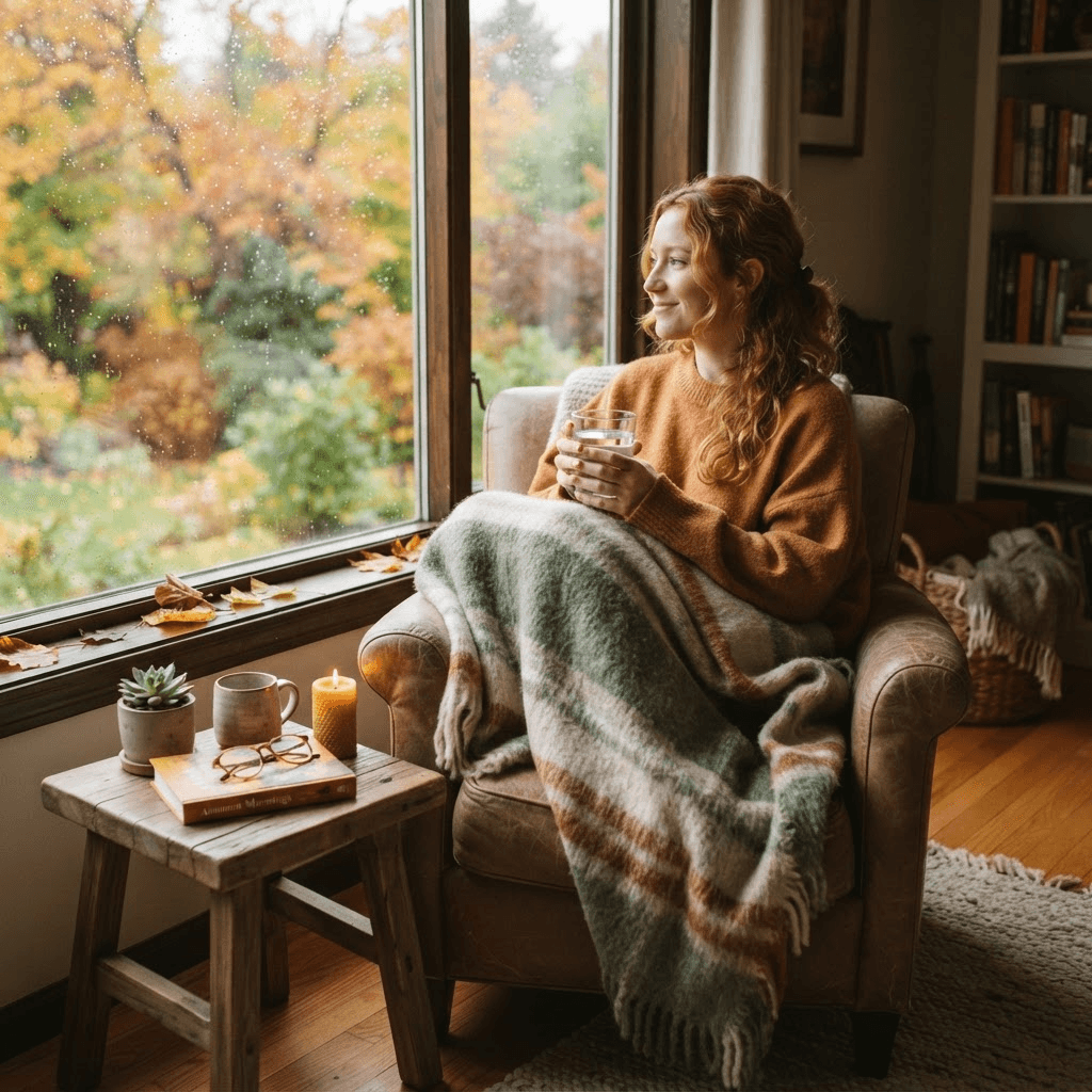 A relaxed person wrapped in a soft blanket by a window in warm autumn light, holding a glass of water — taking time to recover during a busy fall