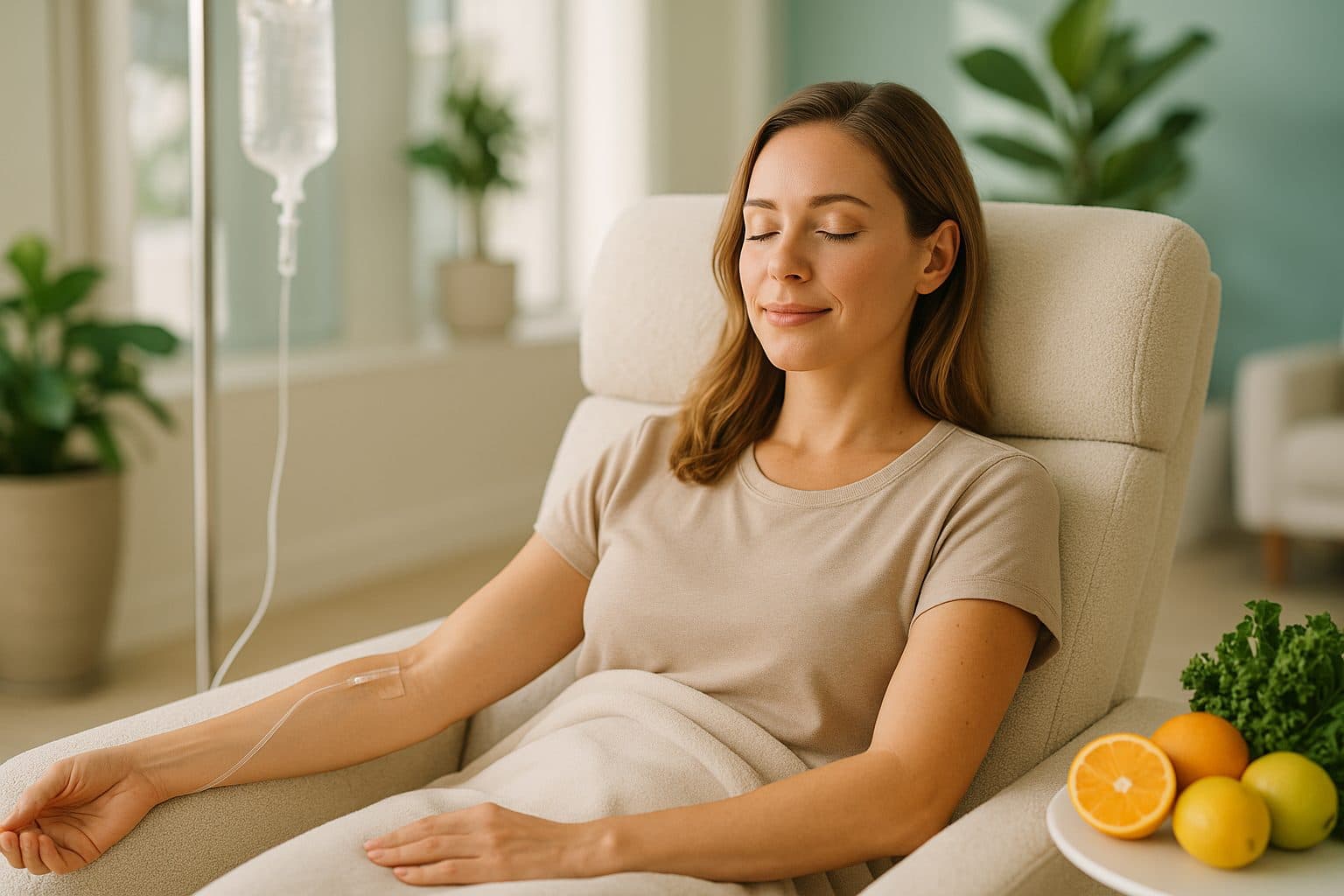 A relaxed woman receiving a glutathione IV drip in a bright Prime IV Mesa wellness lounge, with fresh citrus and leafy greens nearby