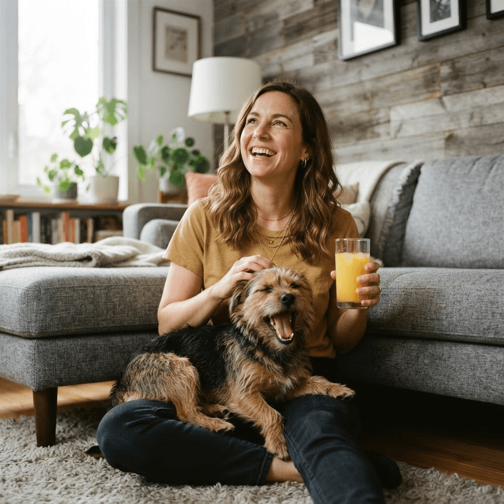 A smiling woman relaxing at home on the floor with her happy dog and a glass of fresh orange juice, staying well as cold season begins in Mesa