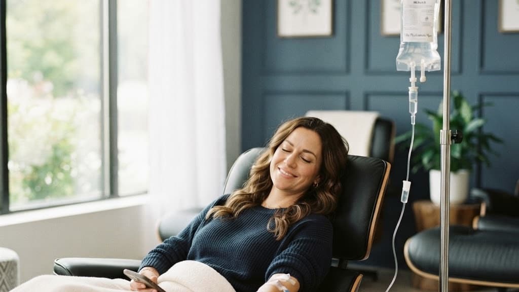 A smiling woman relaxing in a lounge chair with a cozy blanket while receiving an IV drip at Prime IV Mesa