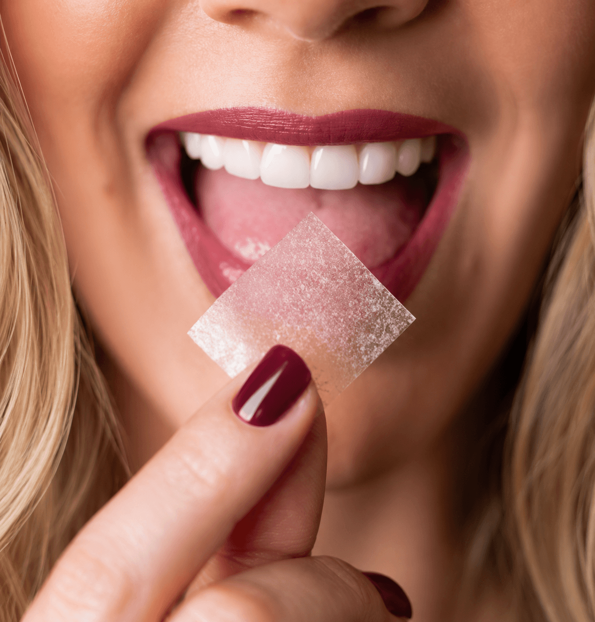 Smiling woman holding a dissolvable buccal strip up to her mouth