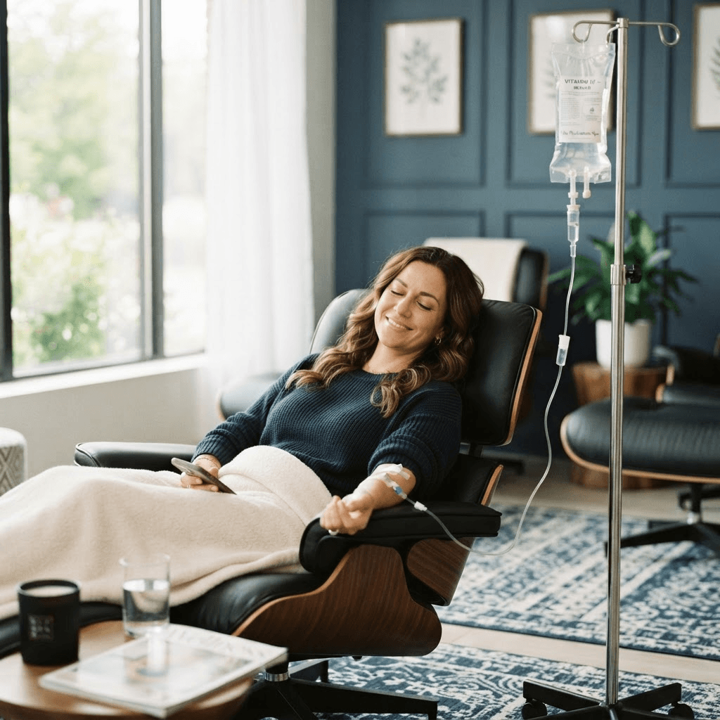 Guests relaxing together while receiving IV drips at a Prime IV mobile group session