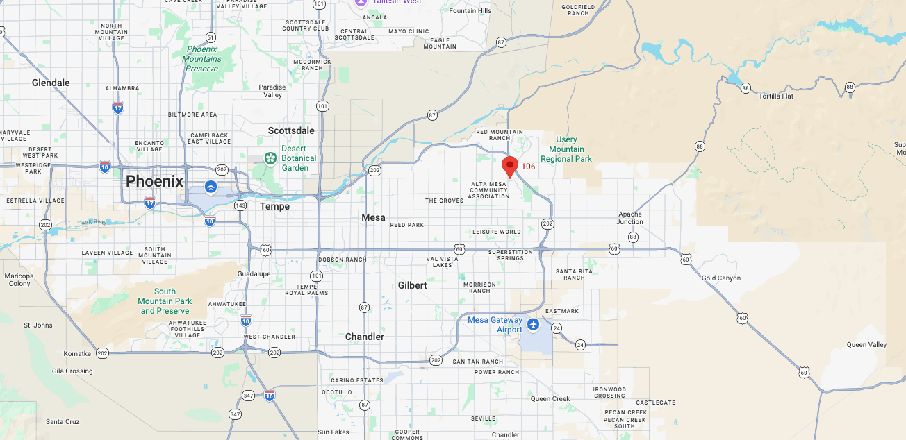 Map showing the Prime IV mobile IV service area across Mesa, Apache Junction, and the East Valley
