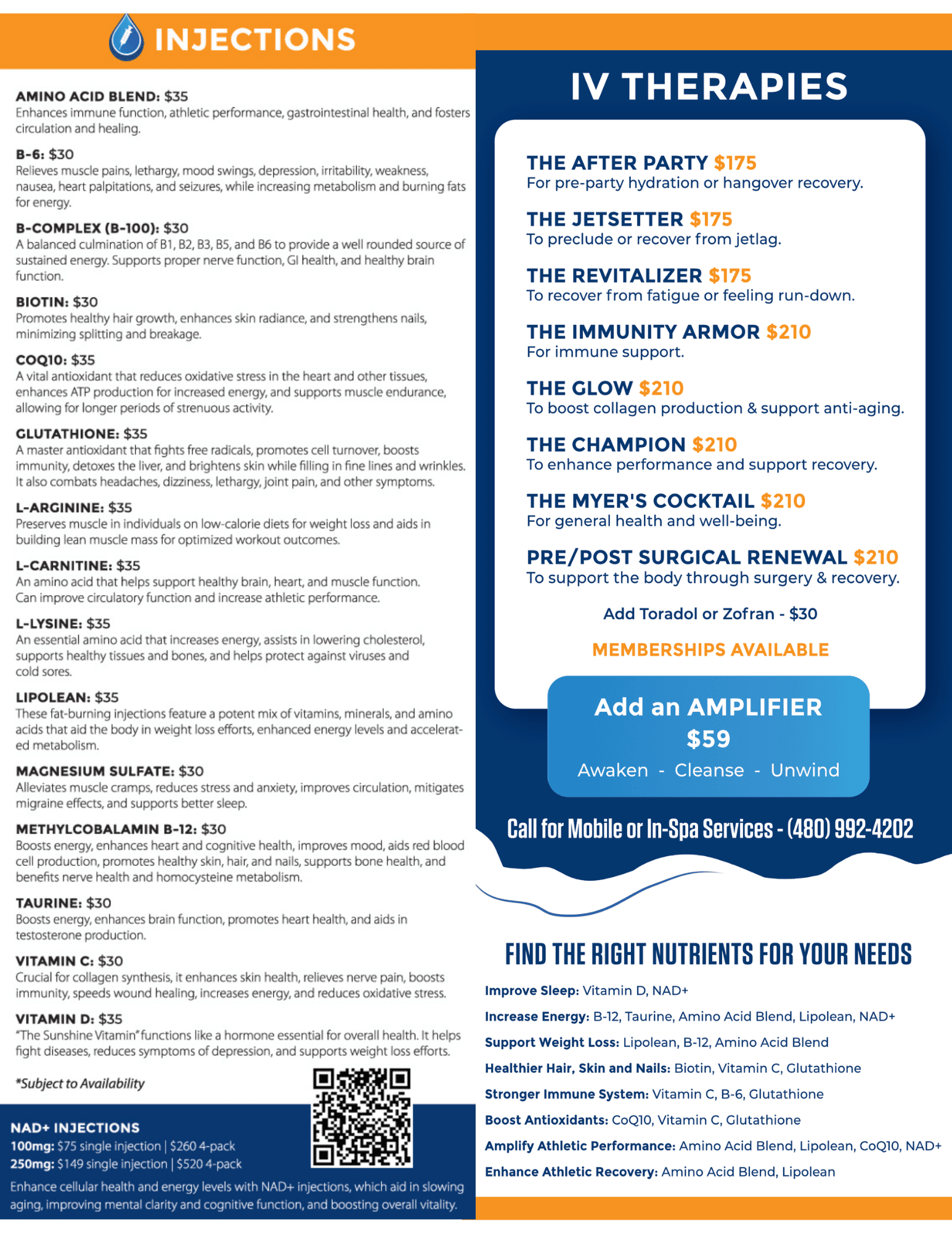 Prime IV mobile menu listing injections, IV therapies, NAD+ injections, and pricing