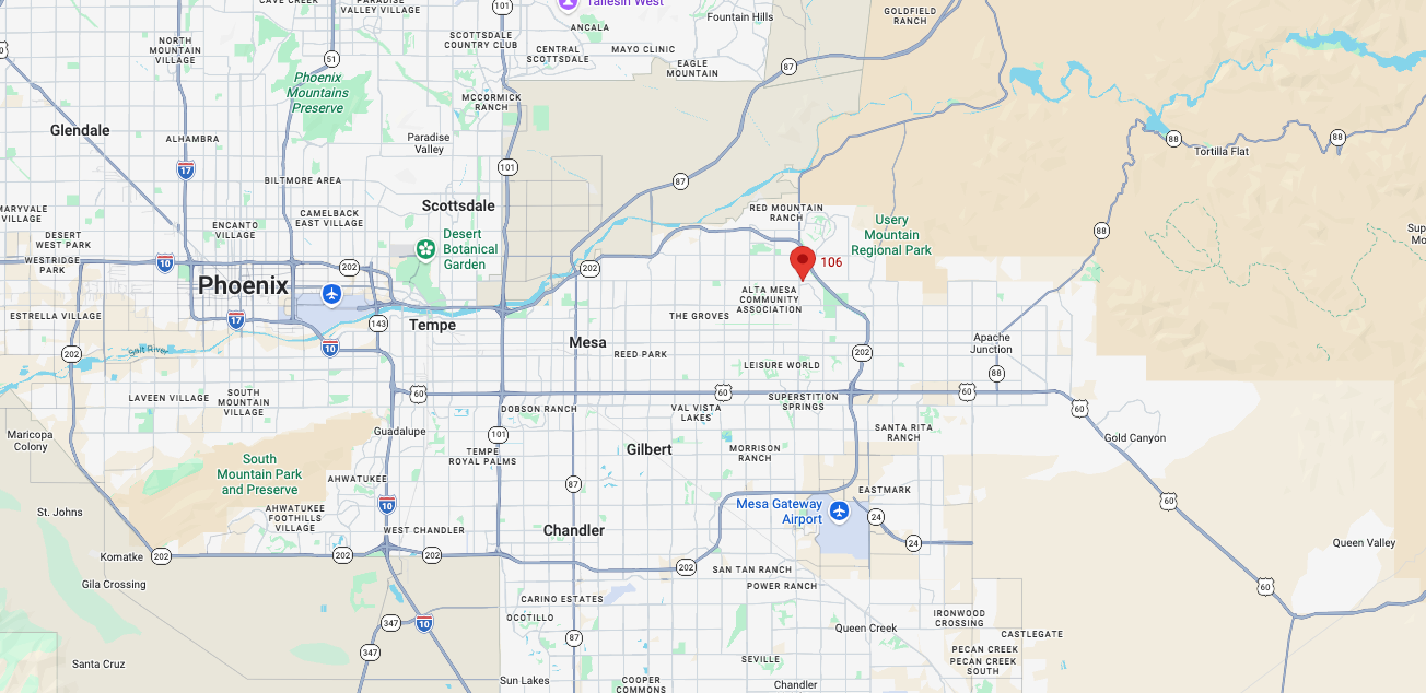 Map of the Mesa, AZ and East Valley mobile IV service area