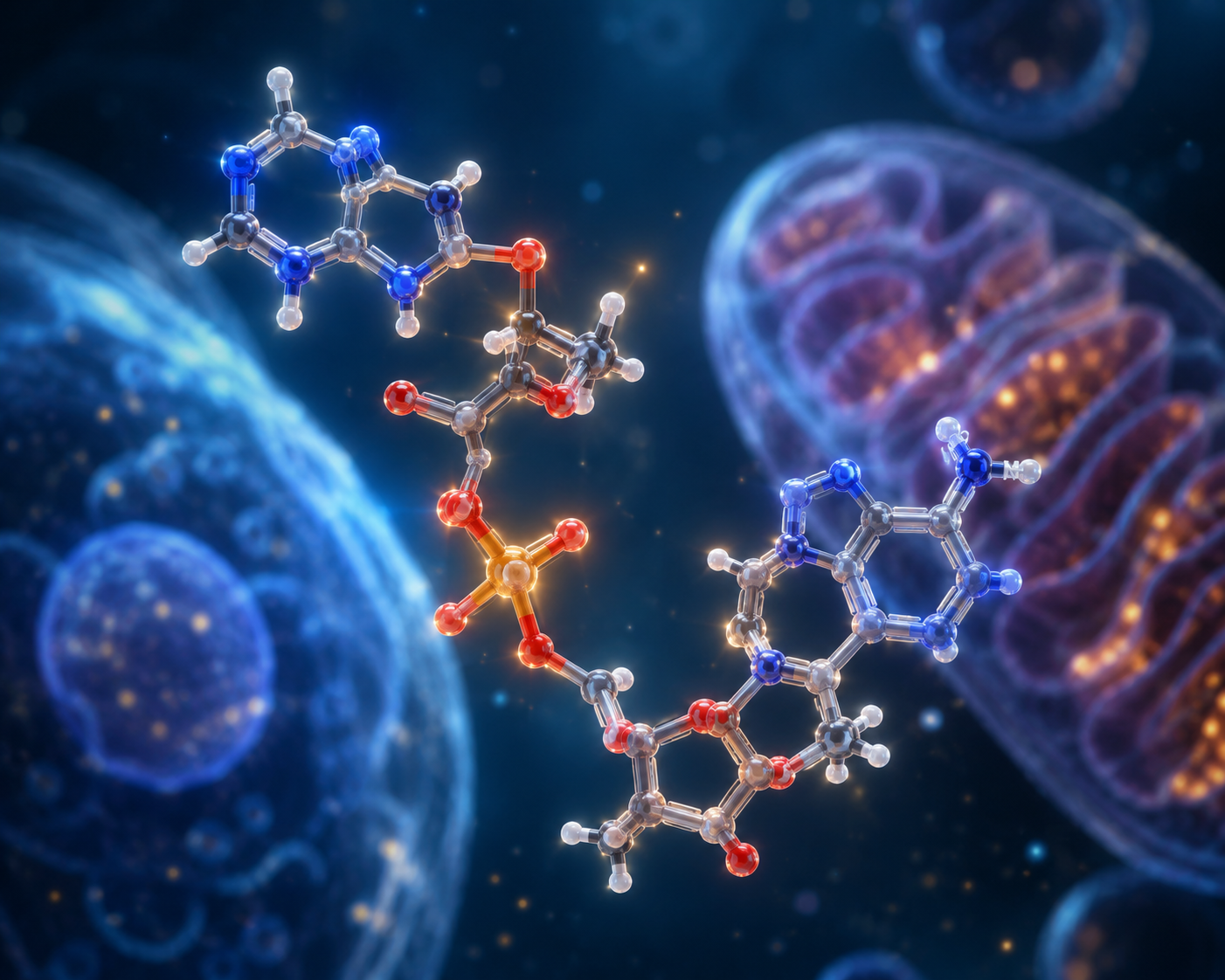 3D rendering of an NAD+ molecule inside a living cell near the mitochondria